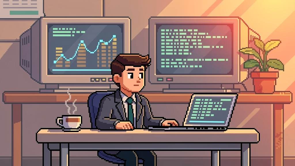 A pixel-art consultant at a multi-monitor workstation