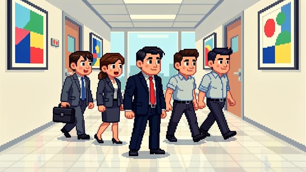 A pixel-art consulting team walking through an office hallway